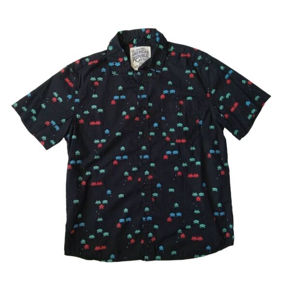 American Republic Black Space Invaders Pattern Button Front Shirt Men's Large - Picture 1 of 12